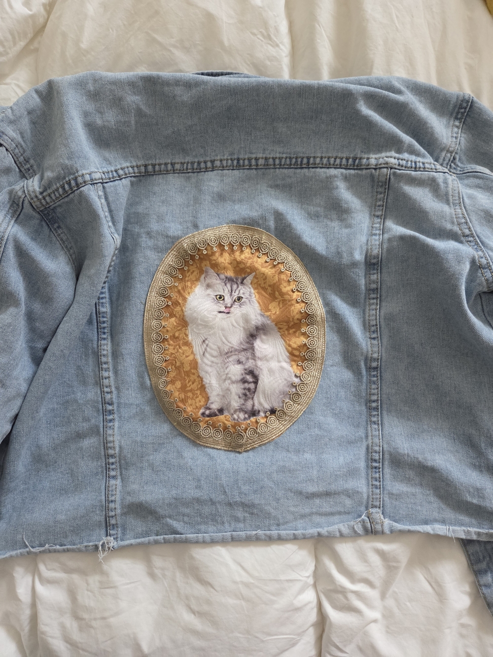 DIY Light Blue Denim Jacket with Cat Patch // XL Womens
